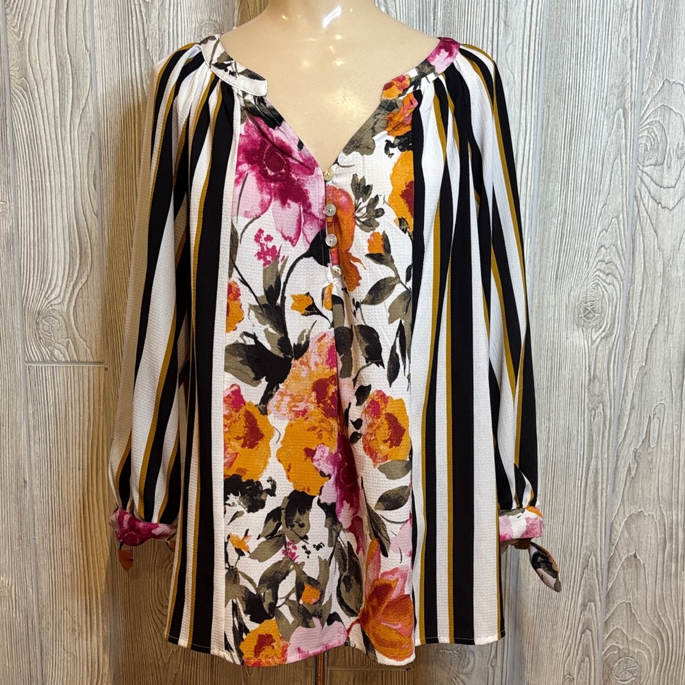 Fig and Flower Anthropologie Boho Mix Print Floral Striped Peasant Blouse Size L